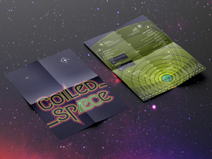 Front and back of the 'Console' poster unfolded with futuristic looking interface on one side and Coiled.Spæce logo on the other