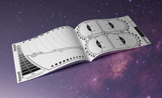 'Log Book' lying open showing futuristic interface of the star system pages
